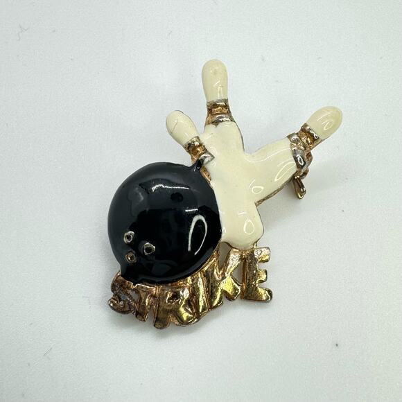 Vintage Bowling Strike Enamel and Metal Brooch Lapel Pin White Black Gold Tone - Picture 1 of 5